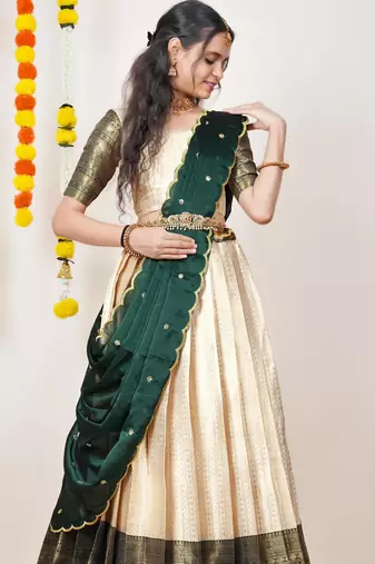 Beautiful South Indian Style Semi-Stitched Half Saree with Blouse and Dupatta for Women