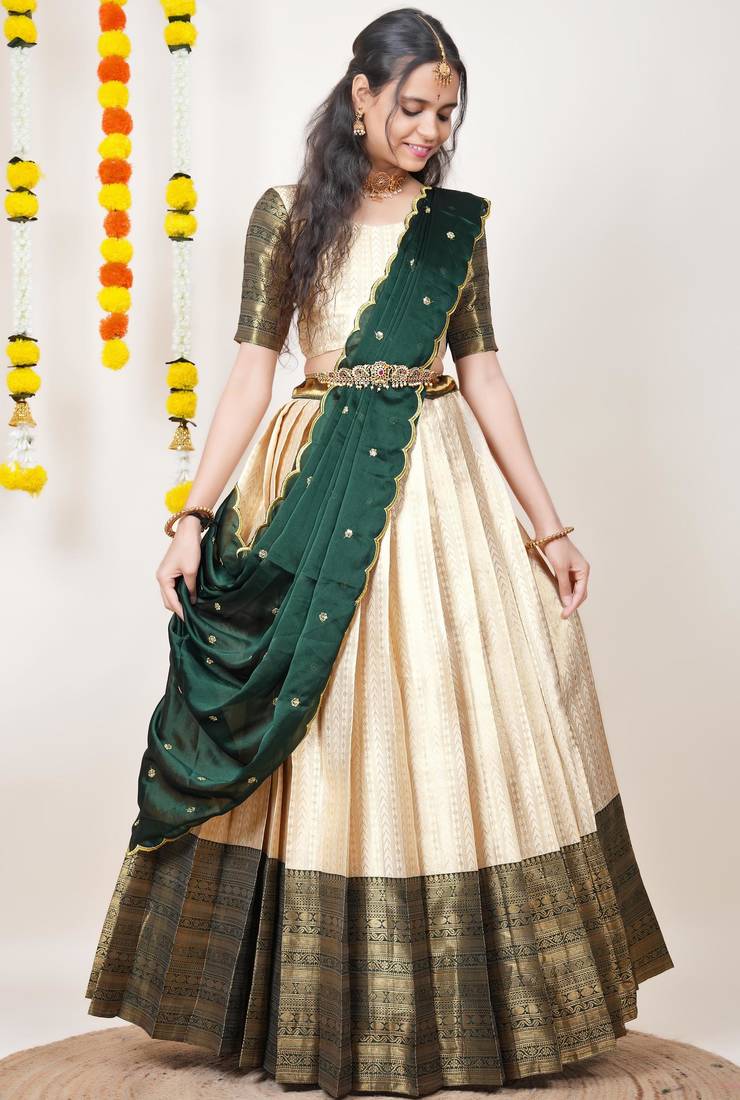 Beautiful South Indian Style Semi-Stitched Half Saree with Blouse and Dupatta for Women