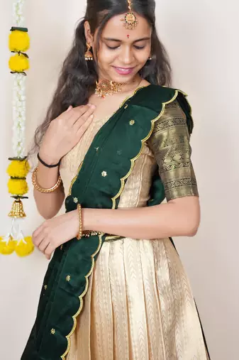 Beautiful South Indian Style Semi-Stitched Half Saree with Blouse and Dupatta for Women