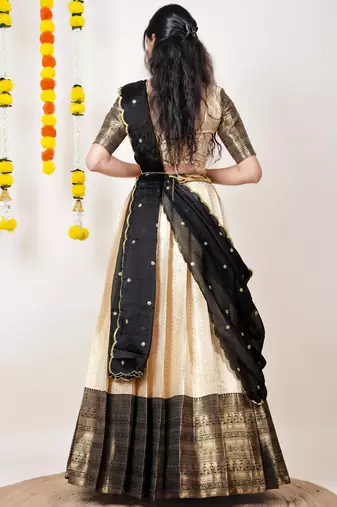 Beautiful South Indian Style Semi-Stitched Half Saree with Blouse and Dupatta for Women
