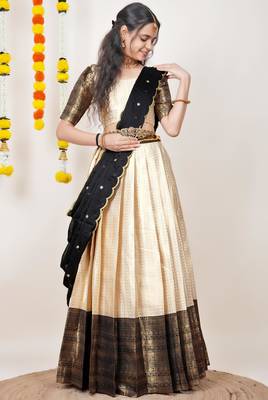 Beautiful South Indian Style Semi-Stitched Half Saree with Blouse and Dupatta for Women 3