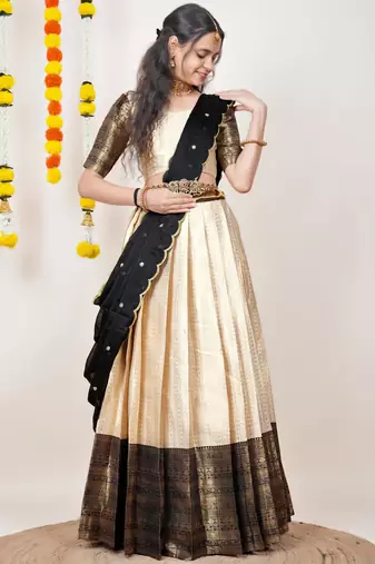 Beautiful South Indian Style Semi-Stitched Half Saree with Blouse and Dupatta for Women