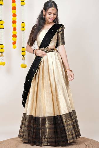 Beautiful South Indian Style Semi-Stitched Half Saree with Blouse and Dupatta for Women