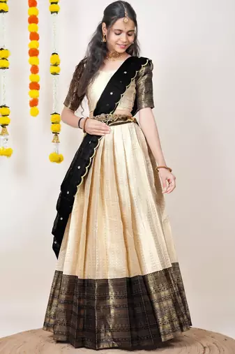 Beautiful South Indian Style Semi-Stitched Half Saree with Blouse and Dupatta for Women
