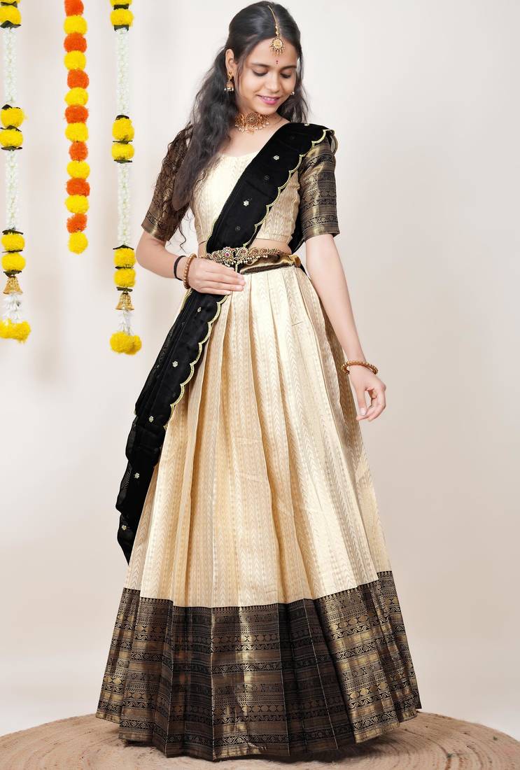 Beautiful South Indian Style Semi-Stitched Half Saree with Blouse and Dupatta for Women