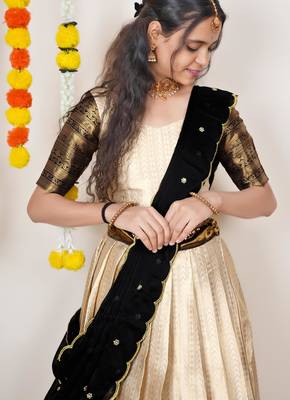 Beautiful South Indian Style Semi-Stitched Half Saree with Blouse and Dupatta for Women 4