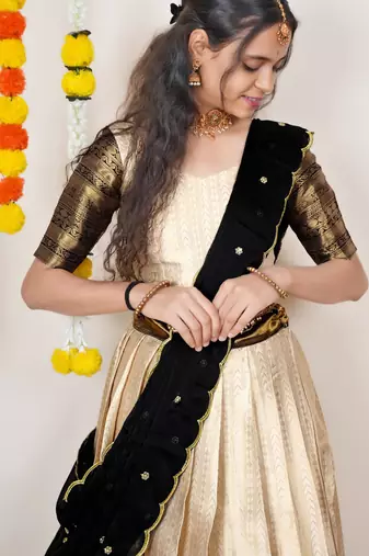 Beautiful South Indian Style Semi-Stitched Half Saree with Blouse and Dupatta for Women