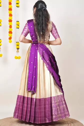 Beautiful South Indian Style Semi-Stitched Half Saree with Blouse and Dupatta for Women