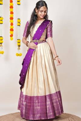 Beautiful South Indian Style Semi-Stitched Half Saree with Blouse and Dupatta for Women 3
