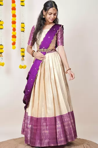 Beautiful South Indian Style Semi-Stitched Half Saree with Blouse and Dupatta for Women
