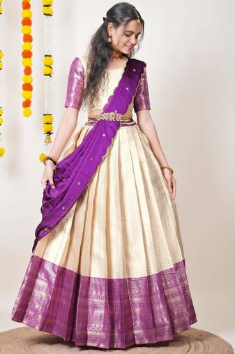 Beautiful South Indian Style Semi-Stitched Half Saree with Blouse and Dupatta for Women