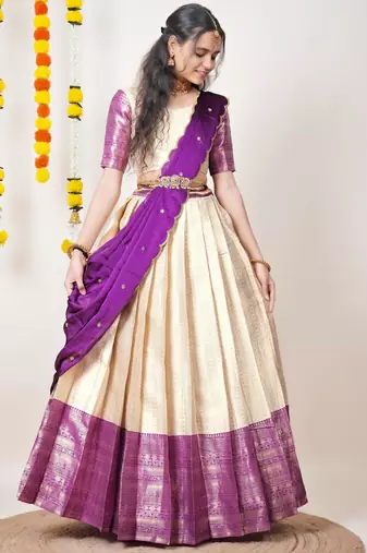 Beautiful South Indian Style Semi-Stitched Half Saree with Blouse and Dupatta for Women
