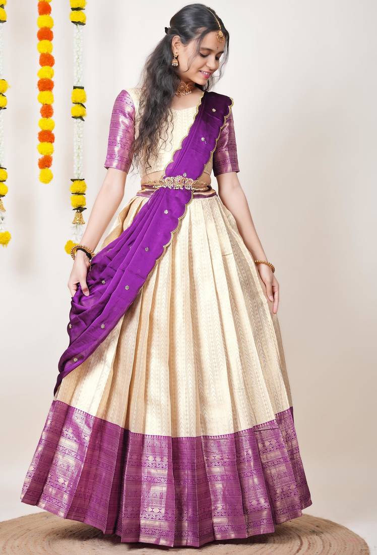 Beautiful South Indian Style Semi-Stitched Half Saree with Blouse and Dupatta for Women