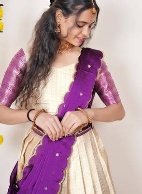 Beautiful South Indian Style Semi-Stitched Half Saree with Blouse and Dupatta for Women 4