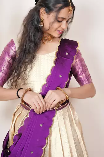 Beautiful South Indian Style Semi-Stitched Half Saree with Blouse and Dupatta for Women