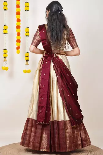 Beautiful South Indian Style Semi-Stitched Half Saree with Blouse and Dupatta for Women