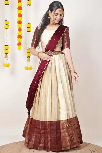 Beautiful South Indian Style Semi-Stitched Half Saree with Blouse and Dupatta for Women