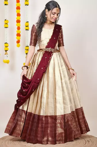 Beautiful South Indian Style Semi-Stitched Half Saree with Blouse and Dupatta for Women