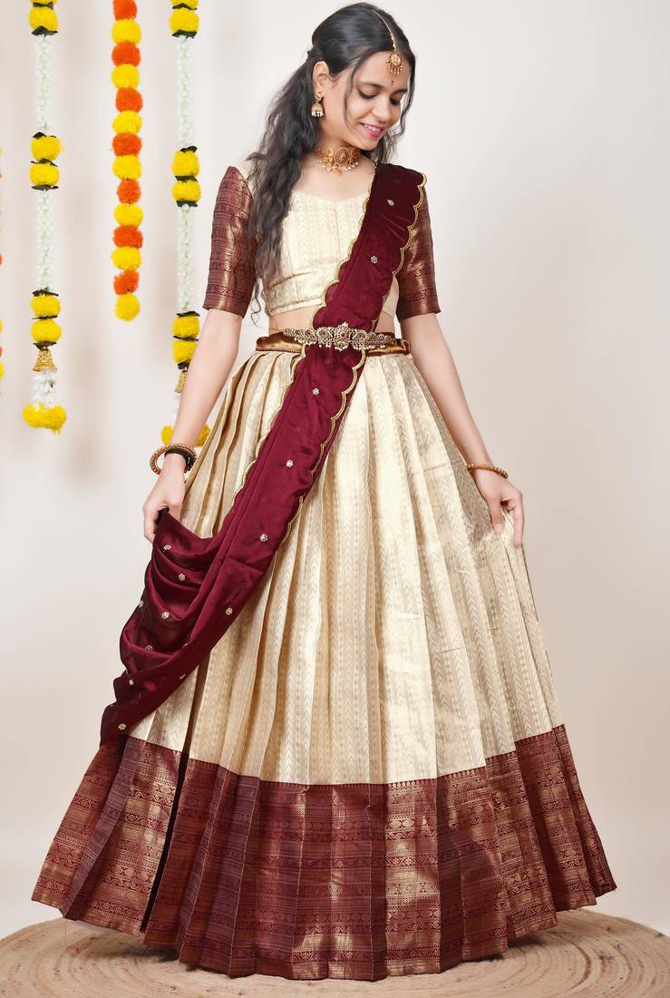 Beautiful South Indian Style Semi-Stitched Half Saree with Blouse and Dupatta for Women