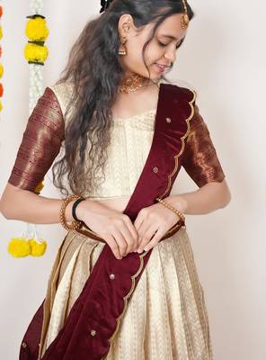 Beautiful South Indian Style Semi-Stitched Half Saree with Blouse and Dupatta for Women 4