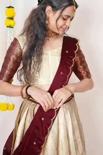 Beautiful South Indian Style Semi-Stitched Half Saree with Blouse and Dupatta for Women