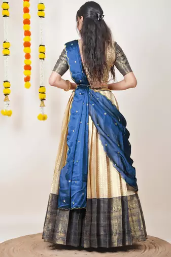 Beautiful South Indian Style Semi-Stitched Half Saree with Blouse and Dupatta for Women