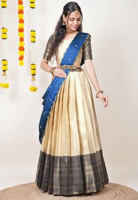 Beautiful South Indian Style Semi-Stitched Half Saree with Blouse and Dupatta for Women 3