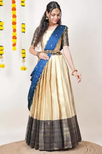 Beautiful South Indian Style Semi-Stitched Half Saree with Blouse and Dupatta for Women