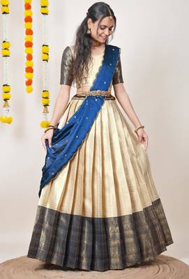 Beautiful South Indian Style Semi-Stitched Half Saree with Blouse and Dupatta for Women 1