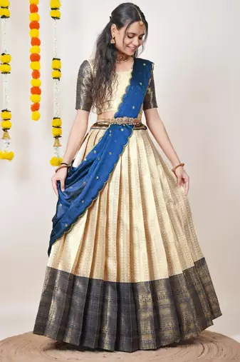 Beautiful South Indian Style Semi-Stitched Half Saree with Blouse and Dupatta for Women