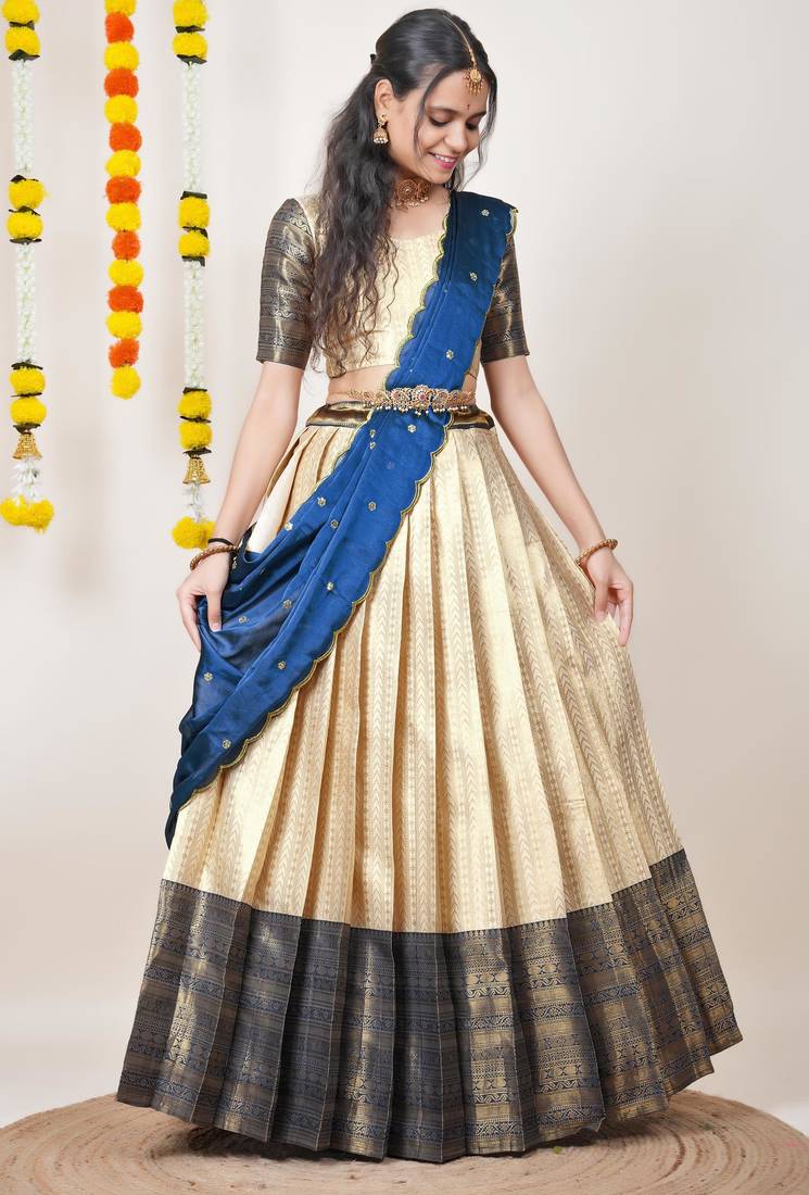 Beautiful South Indian Style Semi-Stitched Half Saree with Blouse and Dupatta for Women