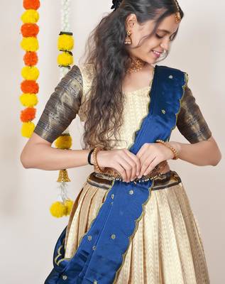 Beautiful South Indian Style Semi-Stitched Half Saree with Blouse and Dupatta for Women 4