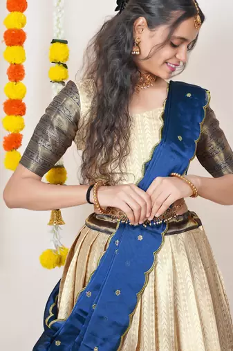 Beautiful South Indian Style Semi-Stitched Half Saree with Blouse and Dupatta for Women