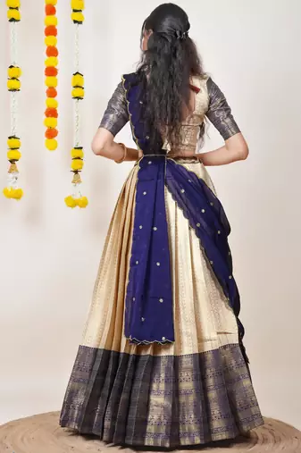 Beautiful South Indian Style Semi-Stitched Half Saree with Blouse and Dupatta for Women