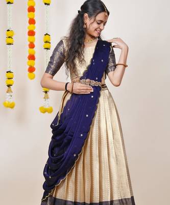 Beautiful South Indian Style Semi-Stitched Half Saree with Blouse and Dupatta for Women 3