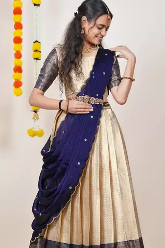 Beautiful South Indian Style Semi-Stitched Half Saree with Blouse and Dupatta for Women