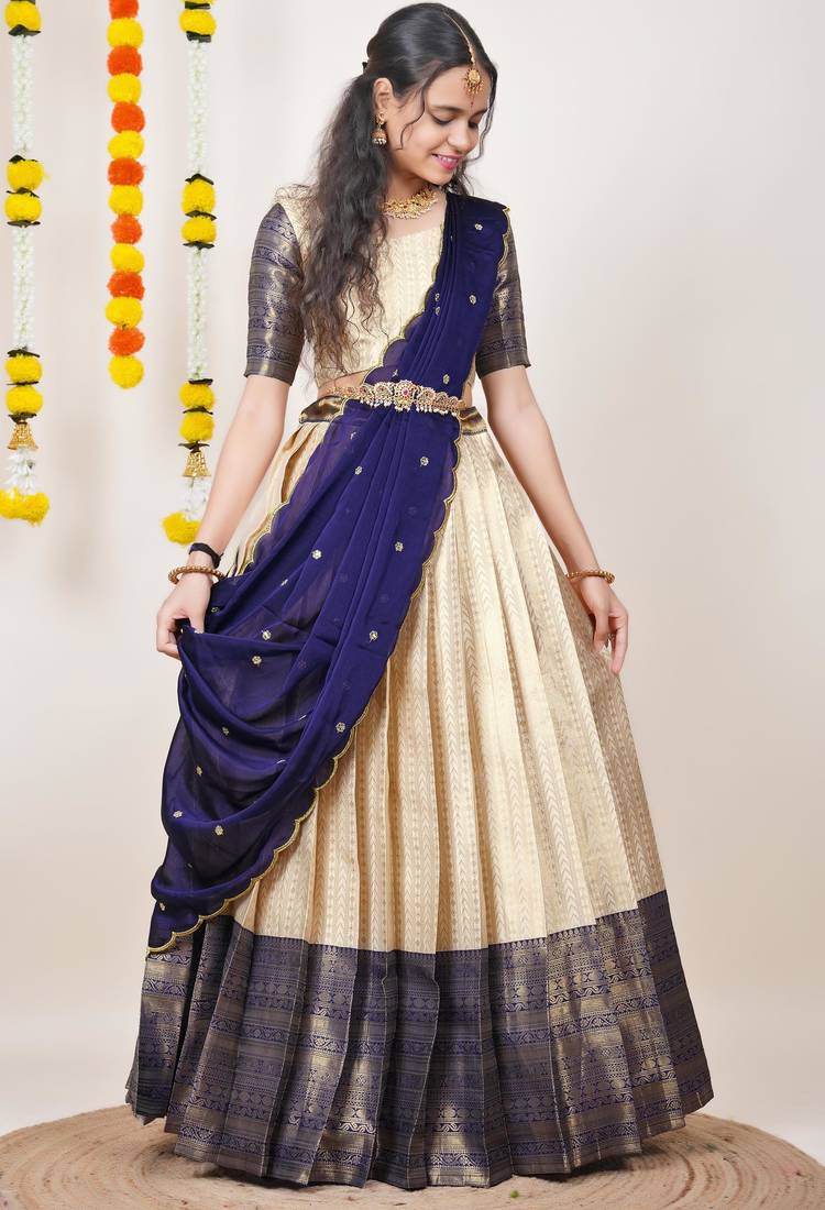 Beautiful South Indian Style Semi-Stitched Half Saree with Blouse and Dupatta for Women