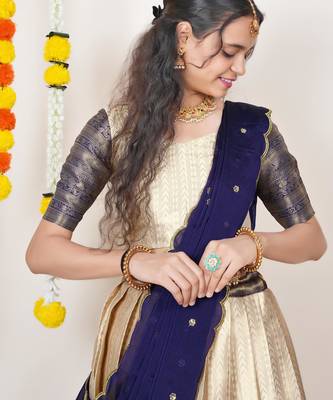 Beautiful South Indian Style Semi-Stitched Half Saree with Blouse and Dupatta for Women 4