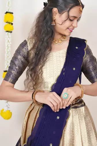 Beautiful South Indian Style Semi-Stitched Half Saree with Blouse and Dupatta for Women