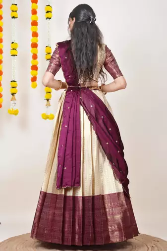 Beautiful South Indian Style Semi-Stitched Half Saree with Blouse and Dupatta for Women