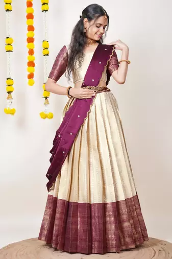 Beautiful South Indian Style Semi-Stitched Half Saree with Blouse and Dupatta for Women