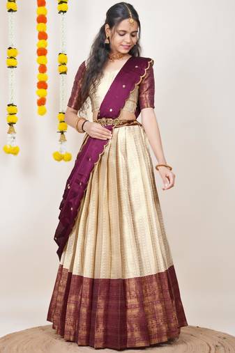 Beautiful South Indian Style Semi-Stitched Half Saree with Blouse and Dupatta for Women
