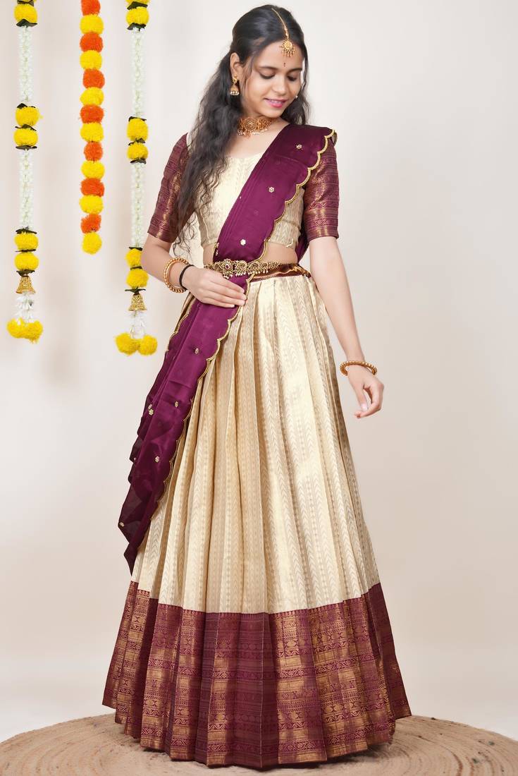 Beautiful South Indian Style Semi-Stitched Half Saree with Blouse and Dupatta for Women