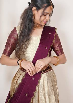 Beautiful South Indian Style Semi-Stitched Half Saree with Blouse and Dupatta for Women 4
