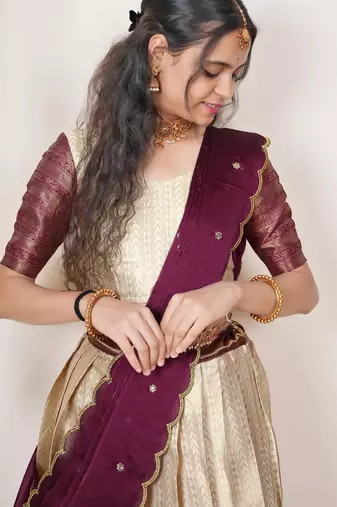 Beautiful South Indian Style Semi-Stitched Half Saree with Blouse and Dupatta for Women