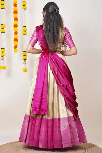 Beautiful South Indian Style Semi-Stitched Half Saree with Blouse and Dupatta for Women