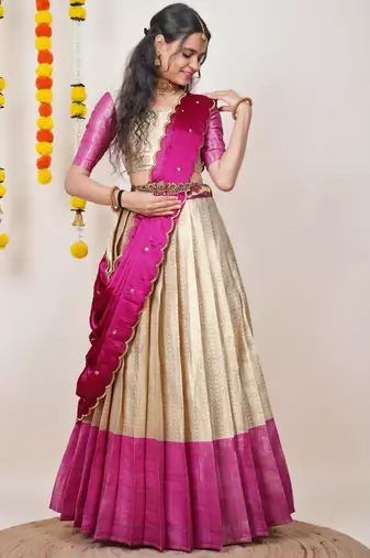 Beautiful South Indian Style Semi-Stitched Half Saree with Blouse and Dupatta for Women