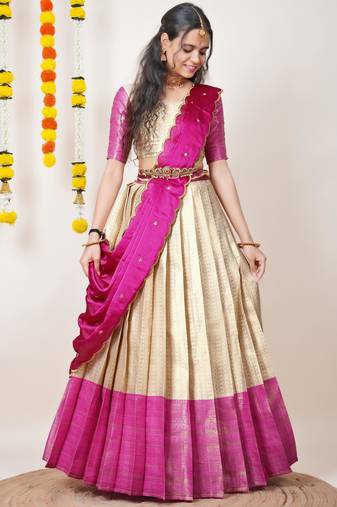 Beautiful South Indian Style Semi-Stitched Half Saree with Blouse and Dupatta for Women