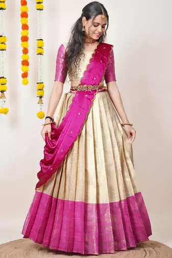 Beautiful South Indian Style Semi-Stitched Half Saree with Blouse and Dupatta for Women