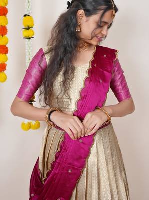 Beautiful South Indian Style Semi-Stitched Half Saree with Blouse and Dupatta for Women 4